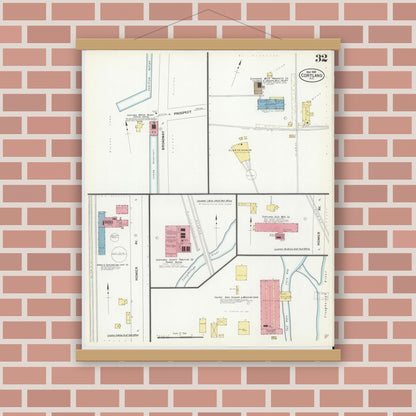 Old map wall art mockup — magnetic wood frame on brick wall — Sanborn Fire Insurance Map from Cortland, Cortland County, New York (1908), Sheet #0032