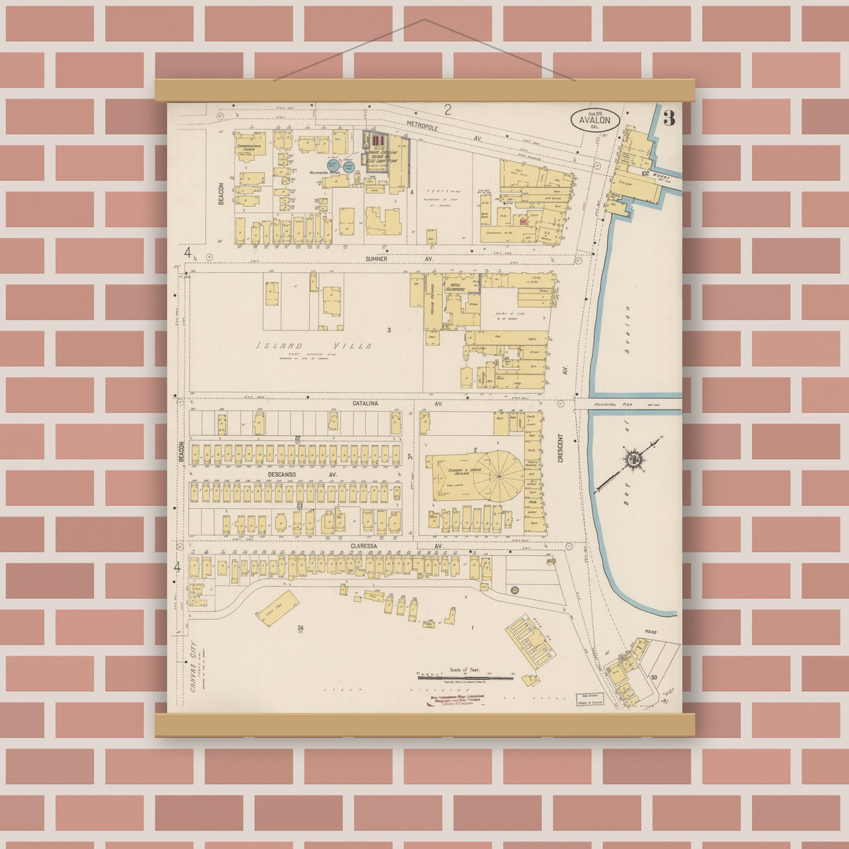 Old map wall art mockup — magnetic wood frame on brick wall — Sanborn Fire Insurance Map from Avalon, Los Angeles County, California (1919), Sheet #0003