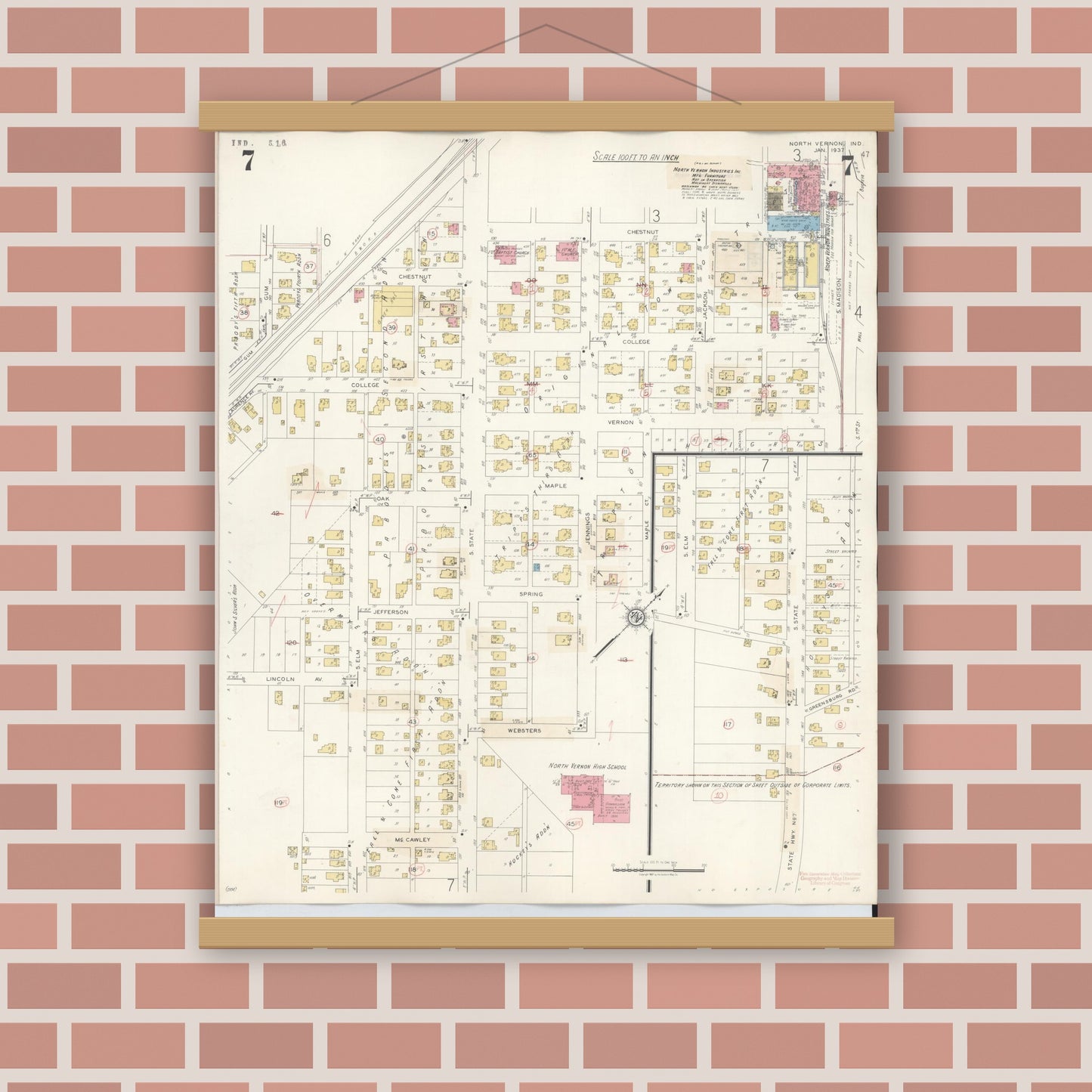Old map wall art mockup — magnetic wood frame on brick wall — Sanborn Fire Insurance Map from North Vernon, Jennings County, Indiana (1943), Sheet #0007