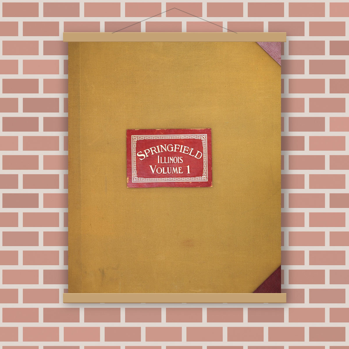 Old map wall art mockup — magnetic wood frame on brick wall — Sanborn Fire Insurance Map from Springfield, Sangamon County, Illinois (1950), Sheet #0001