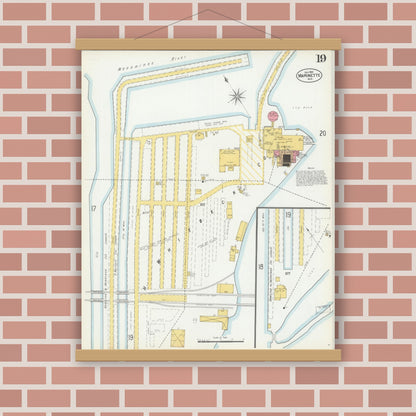 Old map wall art mockup — magnetic wood frame on brick wall — Sanborn Fire Insurance Map from Marinette, Marinette County, Wisconsin (1901), Sheet #0019