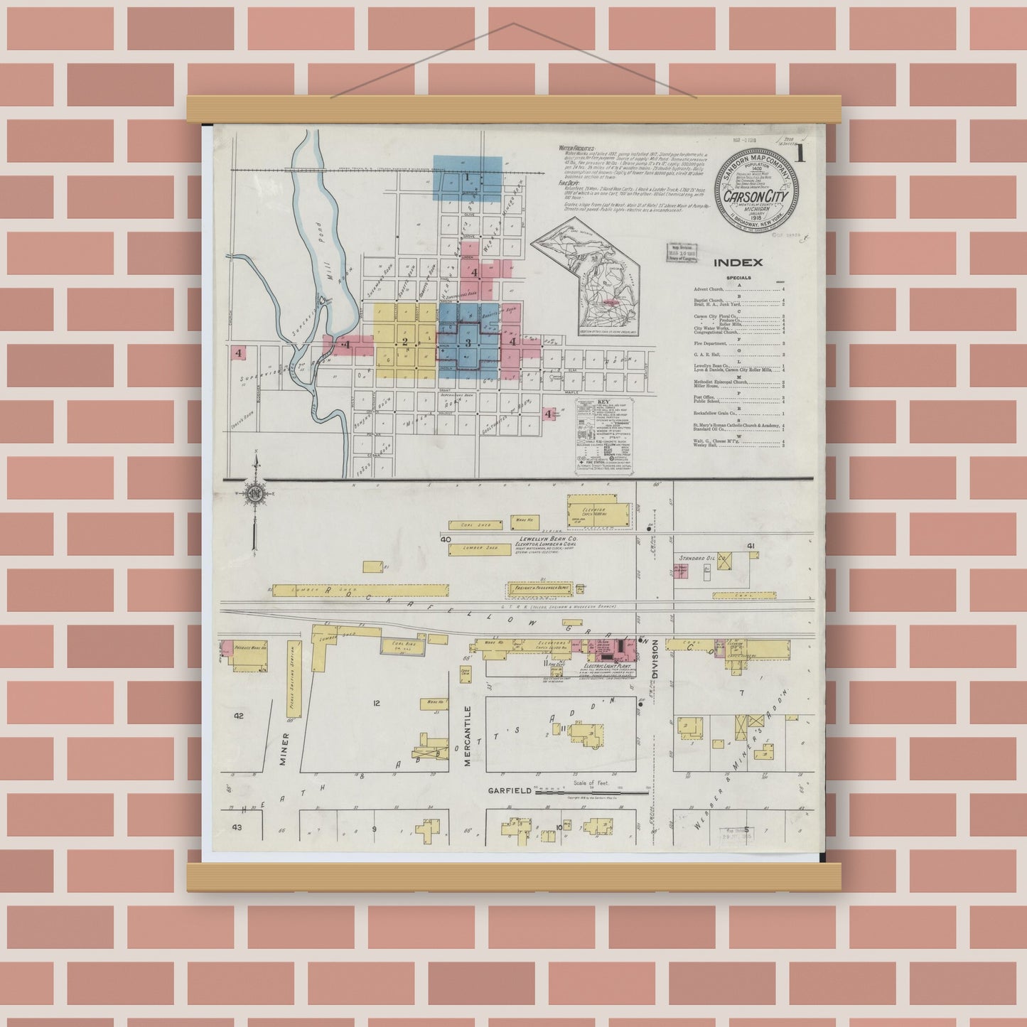 Old map wall art mockup — magnetic wood frame on brick wall — Sanborn Fire Insurance Map from Carson City, Montcalm County, Michigan (1918) - Complete Map Set