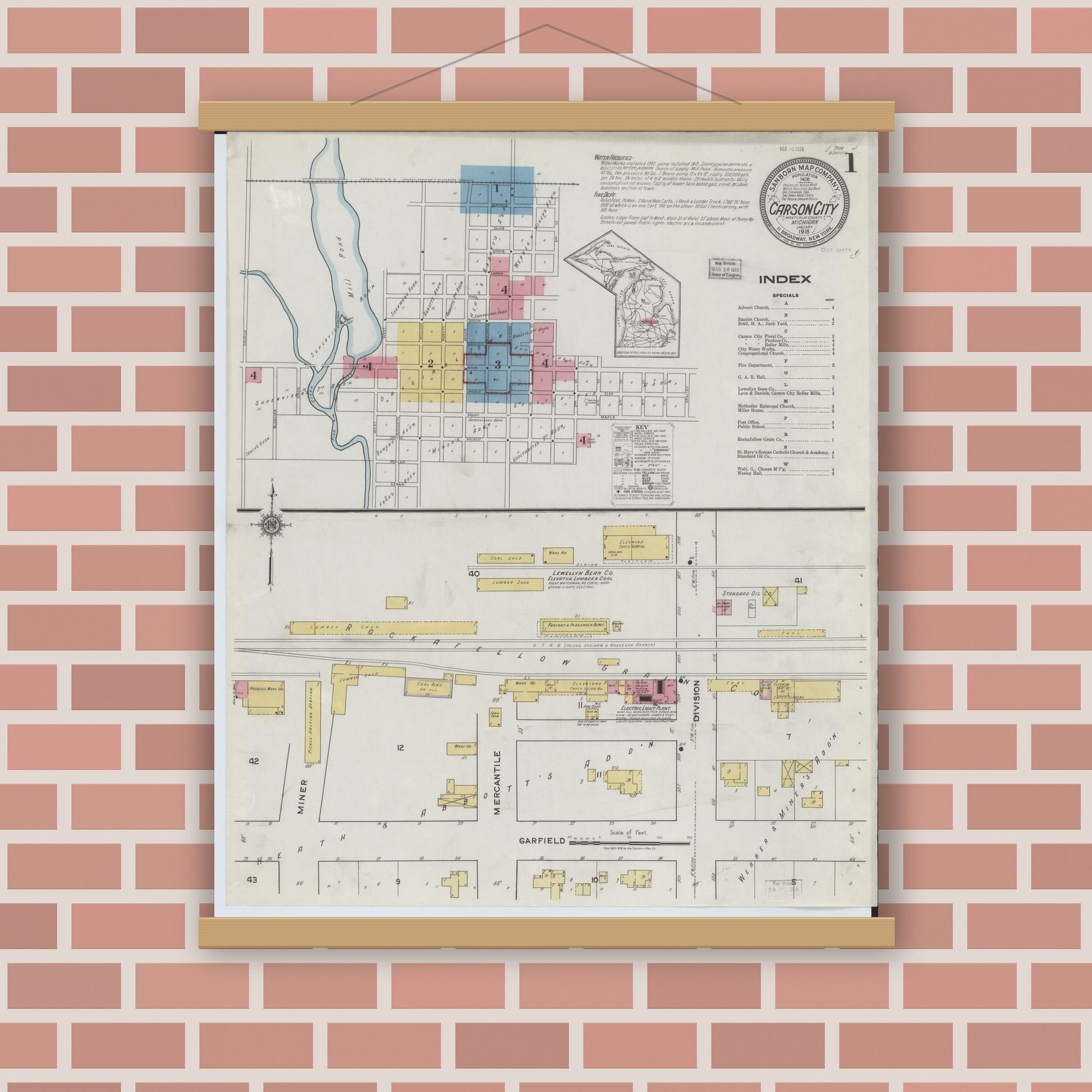 Old map wall art mockup — magnetic wood frame on brick wall — Sanborn Fire Insurance Map from Carson City, Montcalm County, Michigan (1918) - Complete Map Set