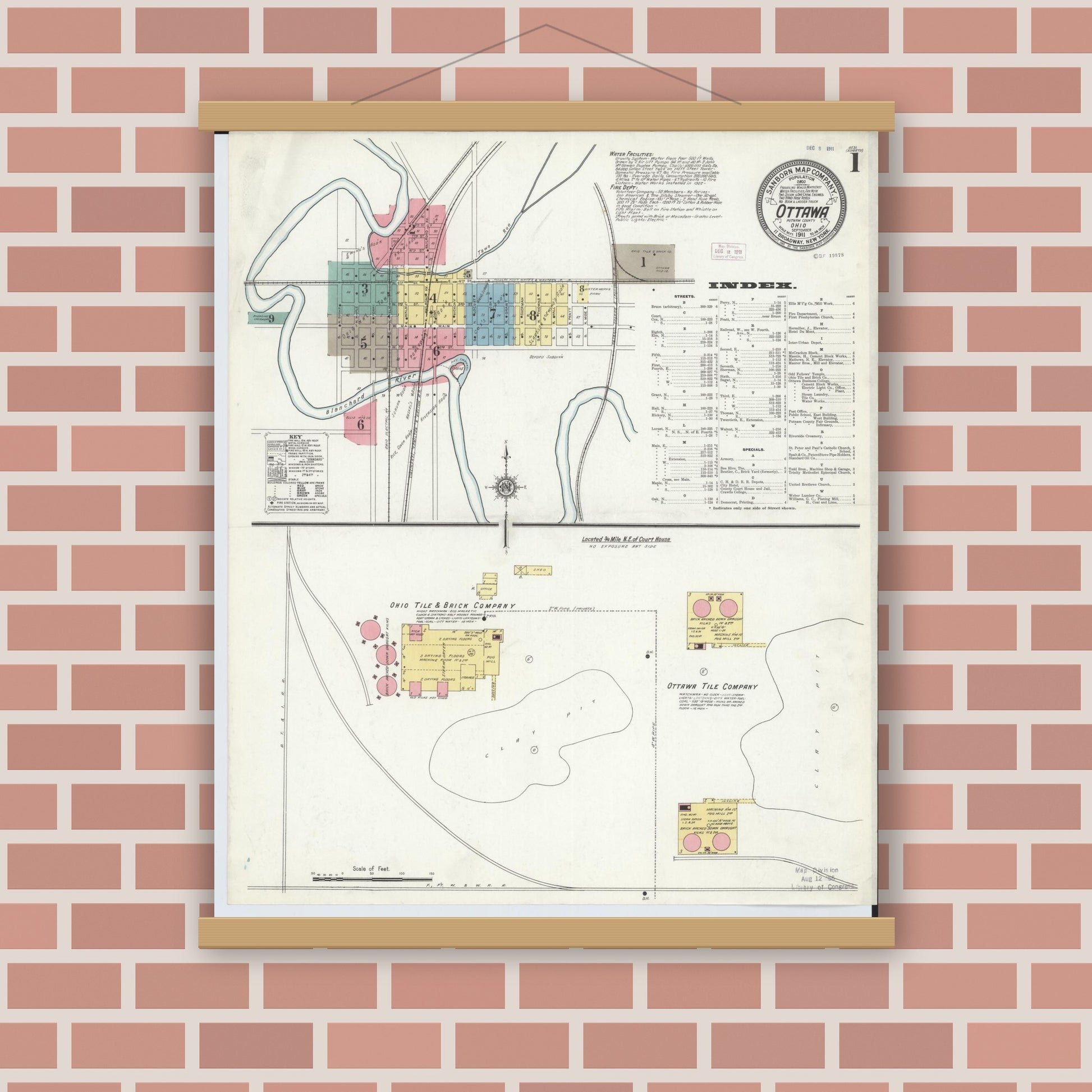 Old map wall art mockup — magnetic wood frame on brick wall — Sanborn Fire Insurance Map from Ottawa, Putnam County, Ohio (1911) - Complete Map Set