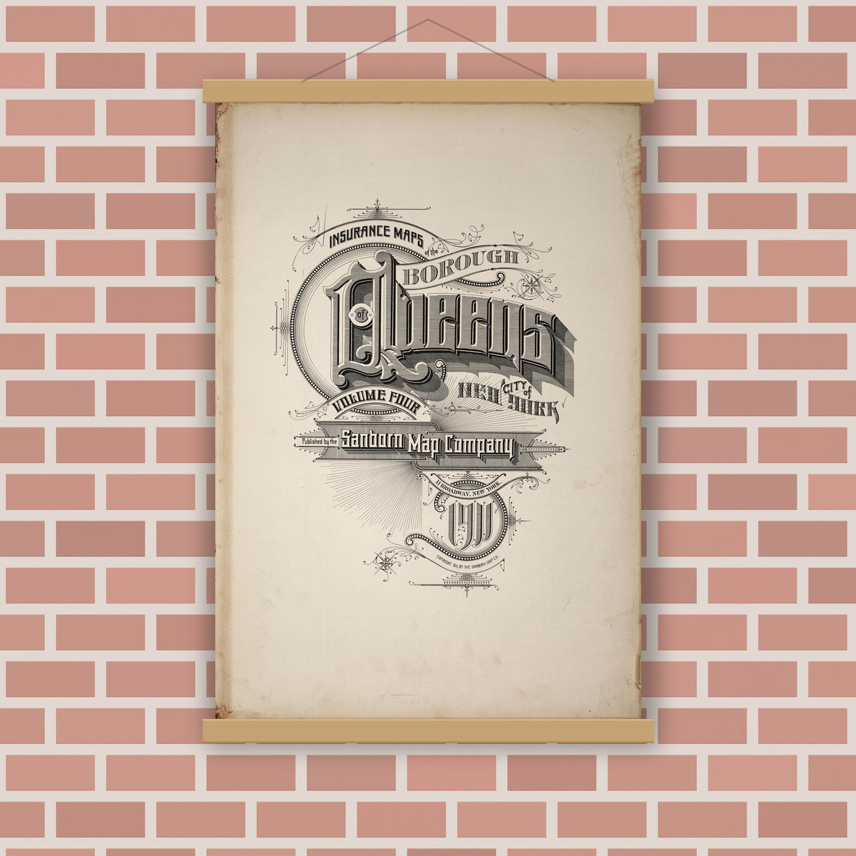 Old map wall art mockup — magnetic wood frame on brick wall — Sanborn Fire Insurance Map from Queens, Queens County, New York (1911), Sheet #0001
