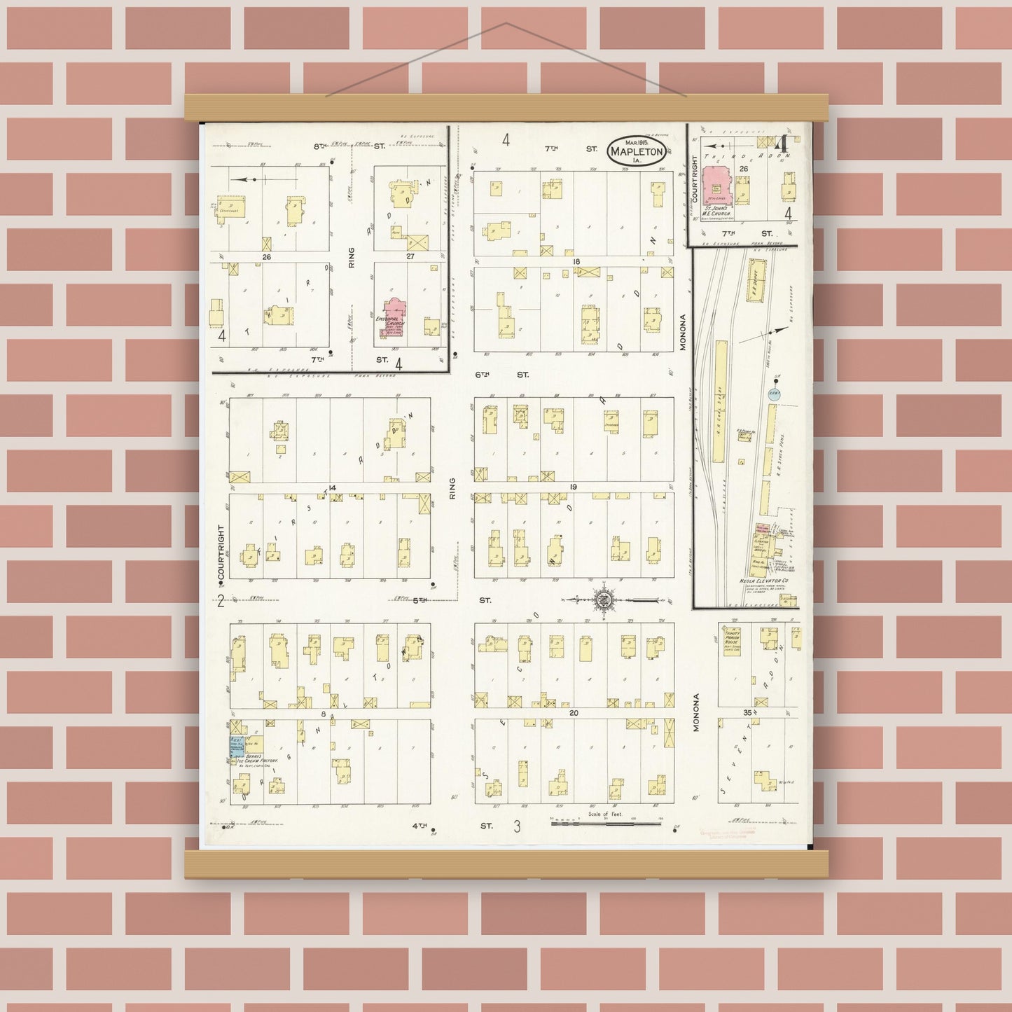 Old map wall art mockup — magnetic wood frame on brick wall — Sanborn Fire Insurance Map from Mapleton, Monona County, Iowa (1915), Sheet #0004