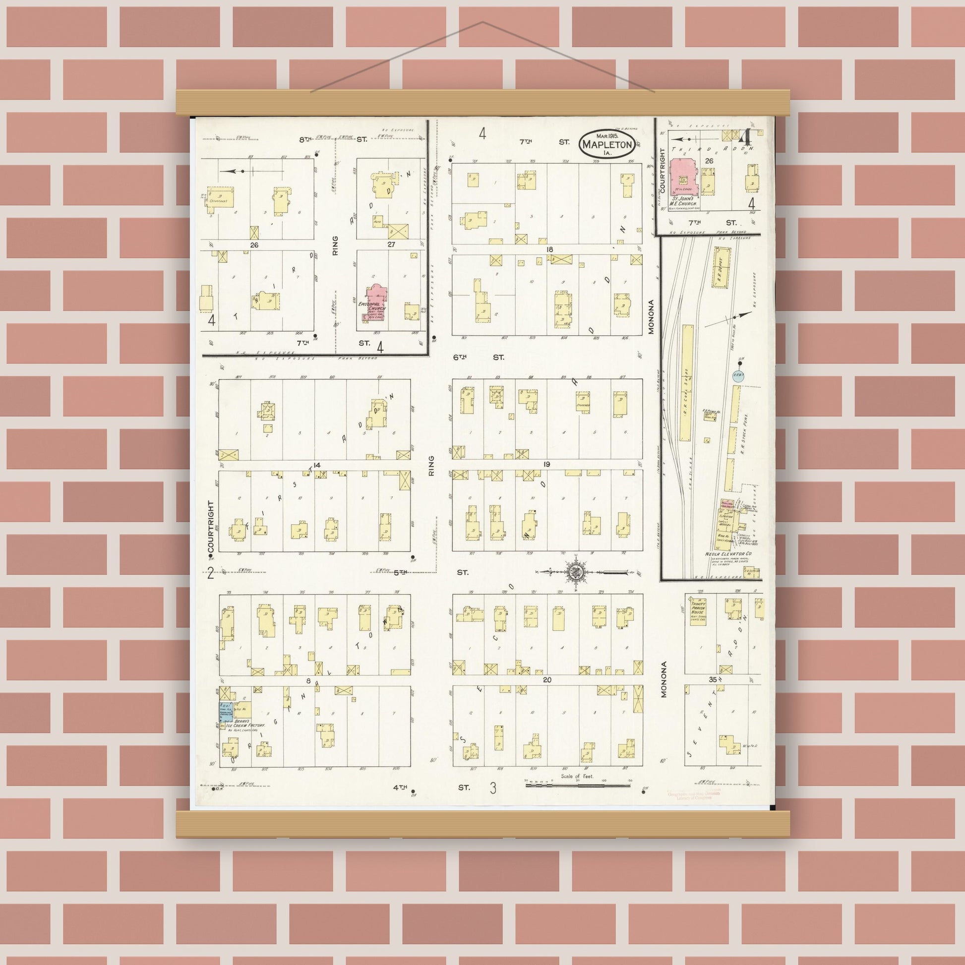Old map wall art mockup — magnetic wood frame on brick wall — Sanborn Fire Insurance Map from Mapleton, Monona County, Iowa (1915), Sheet #0004