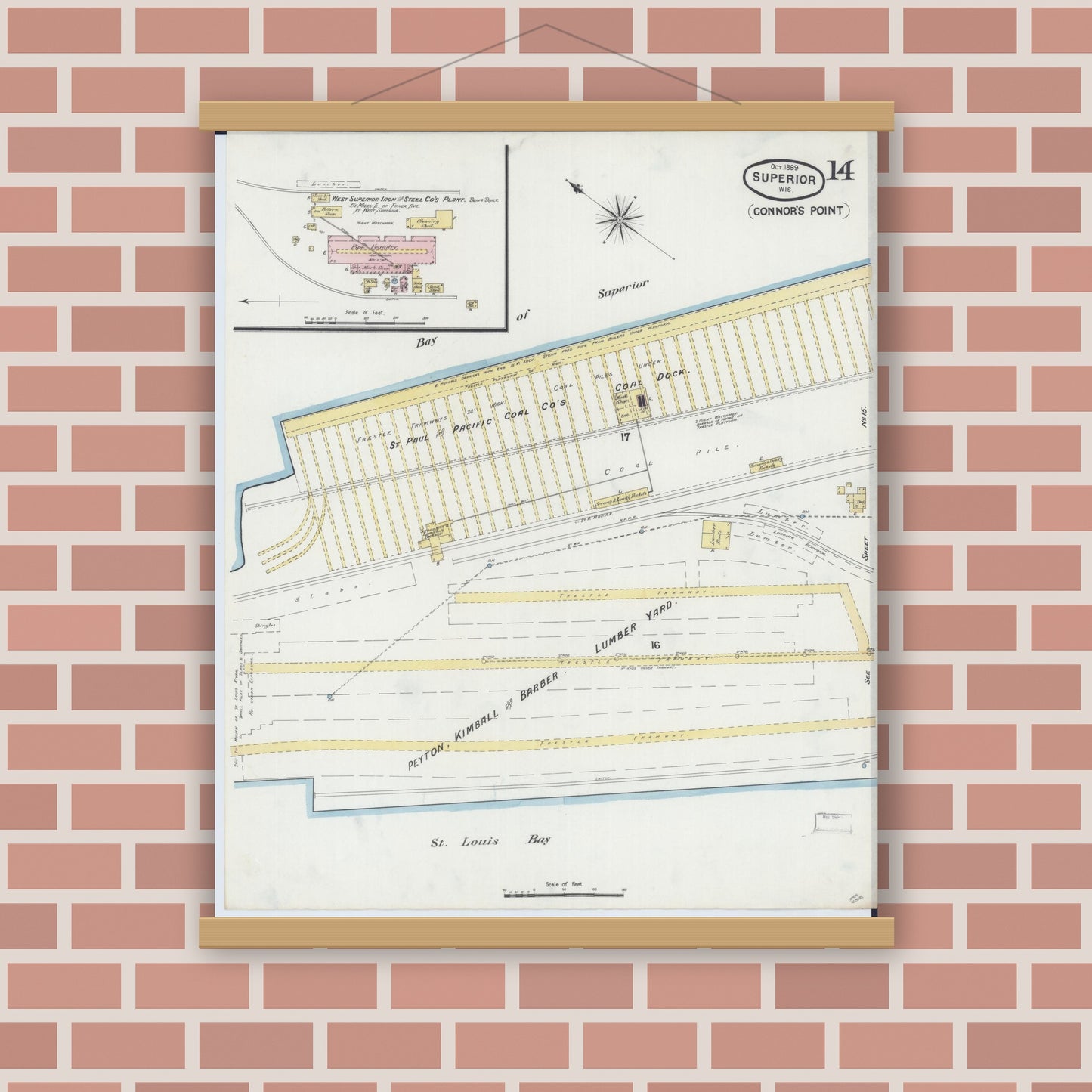 Old map wall art mockup — magnetic wood frame on brick wall — Sanborn Fire Insurance Map from Superior, Douglas County, Wisconsin (1887), Sheet #0014