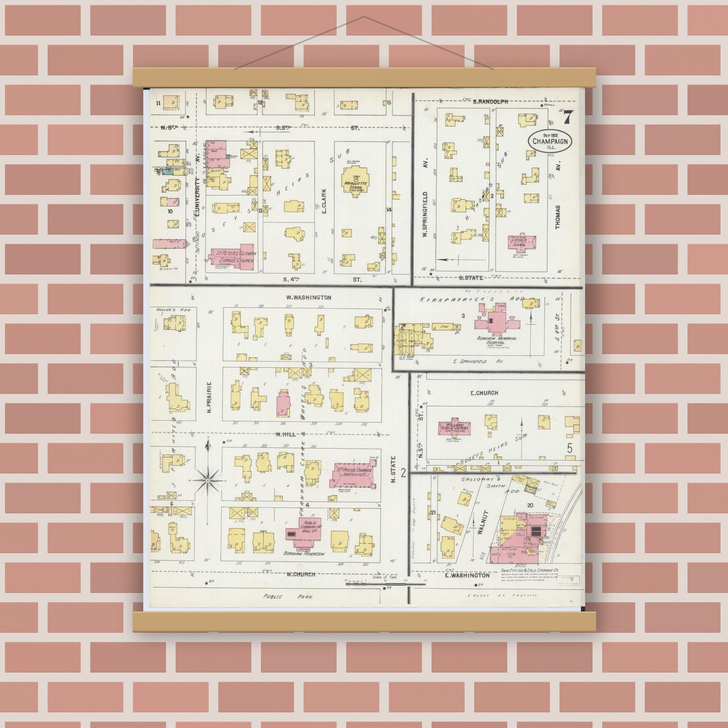 Old map wall art mockup — magnetic wood frame on brick wall — Sanborn Fire Insurance Map from Champaign, Champaign County, Illinois (1902), Sheet #0007
