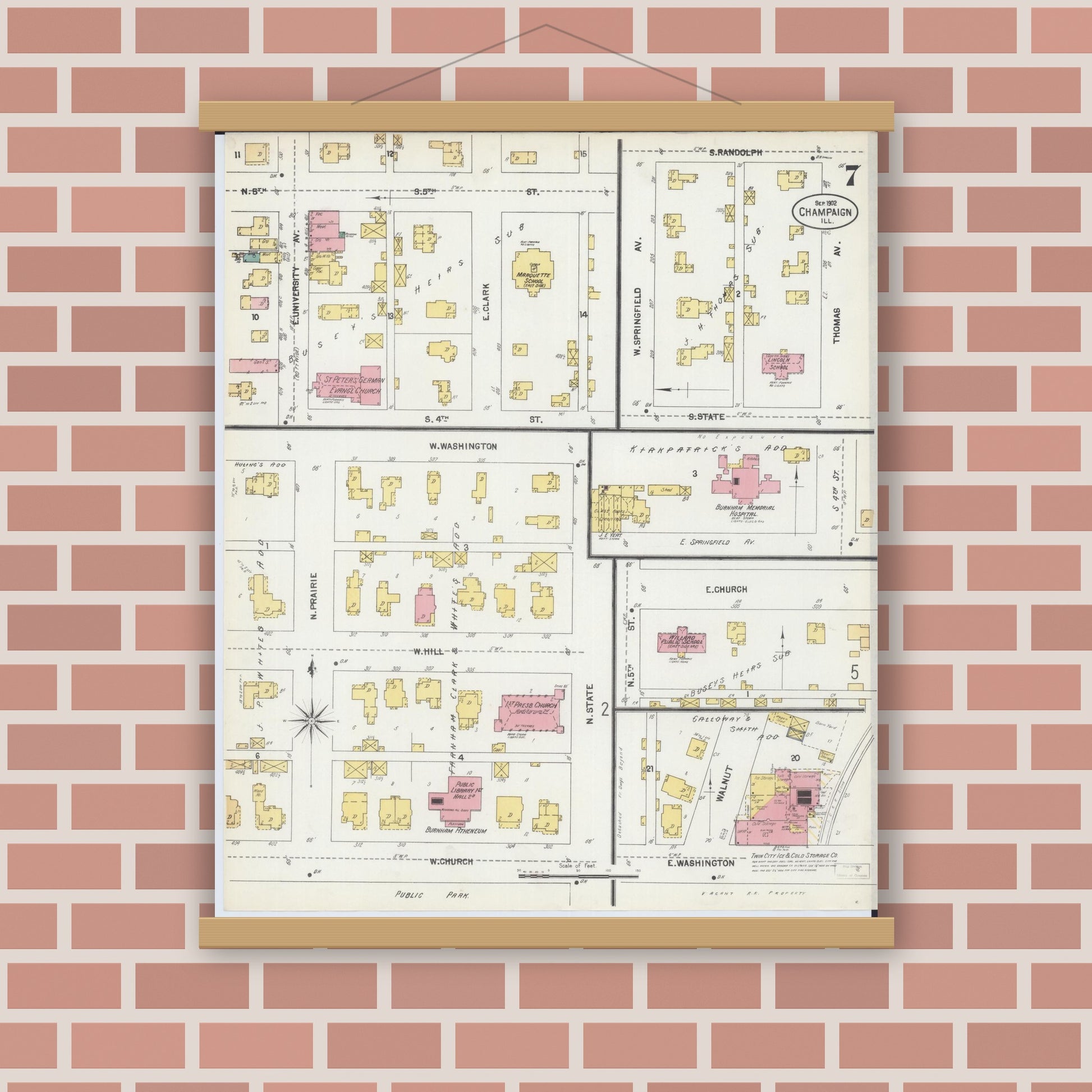 Old map wall art mockup — magnetic wood frame on brick wall — Sanborn Fire Insurance Map from Champaign, Champaign County, Illinois (1902), Sheet #0007