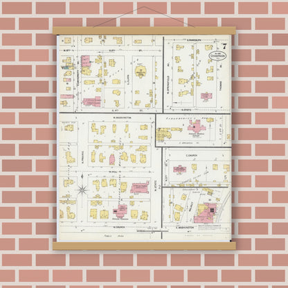 Old map wall art mockup — magnetic wood frame on brick wall — Sanborn Fire Insurance Map from Champaign, Champaign County, Illinois (1902), Sheet #0007