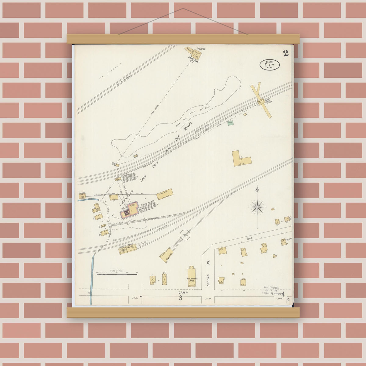 Old map wall art mockup — magnetic wood frame on brick wall — Sanborn Fire Insurance Map from Ely, Saint Louis County, Minnesota (1897), Sheet #0002