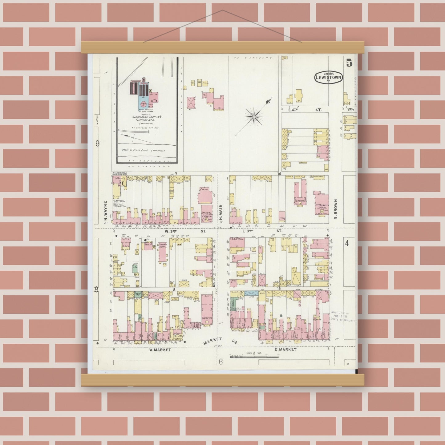 Old map wall art mockup — magnetic wood frame on brick wall — Sanborn Fire Insurance Map from Lewistown, Mifflin County, Pennsylvania (1896), Sheet #0005