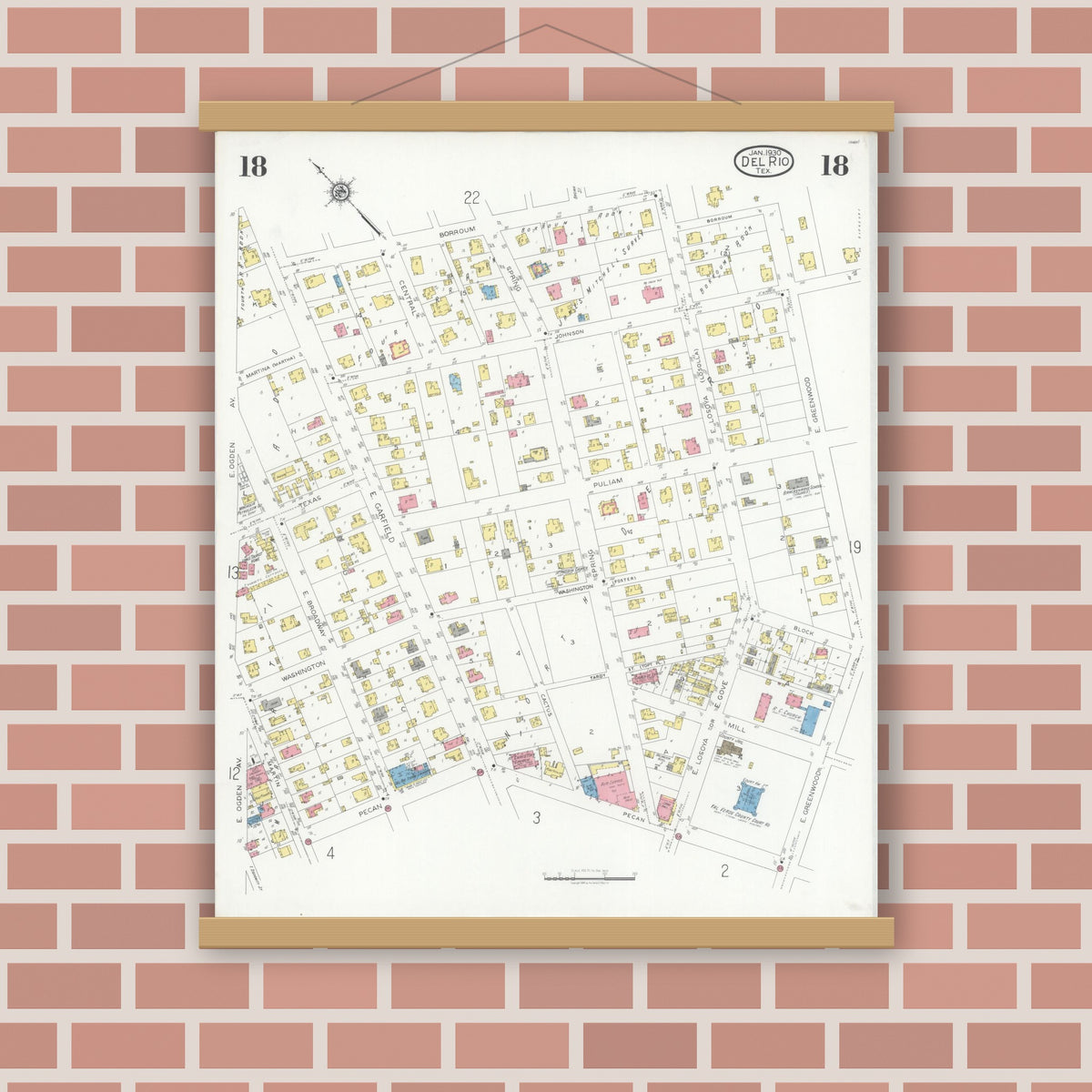 Old map wall art mockup — magnetic wood frame on brick wall — Sanborn Fire Insurance Map from Del Rio, Val Verde County, Texas (1930), Sheet #0018