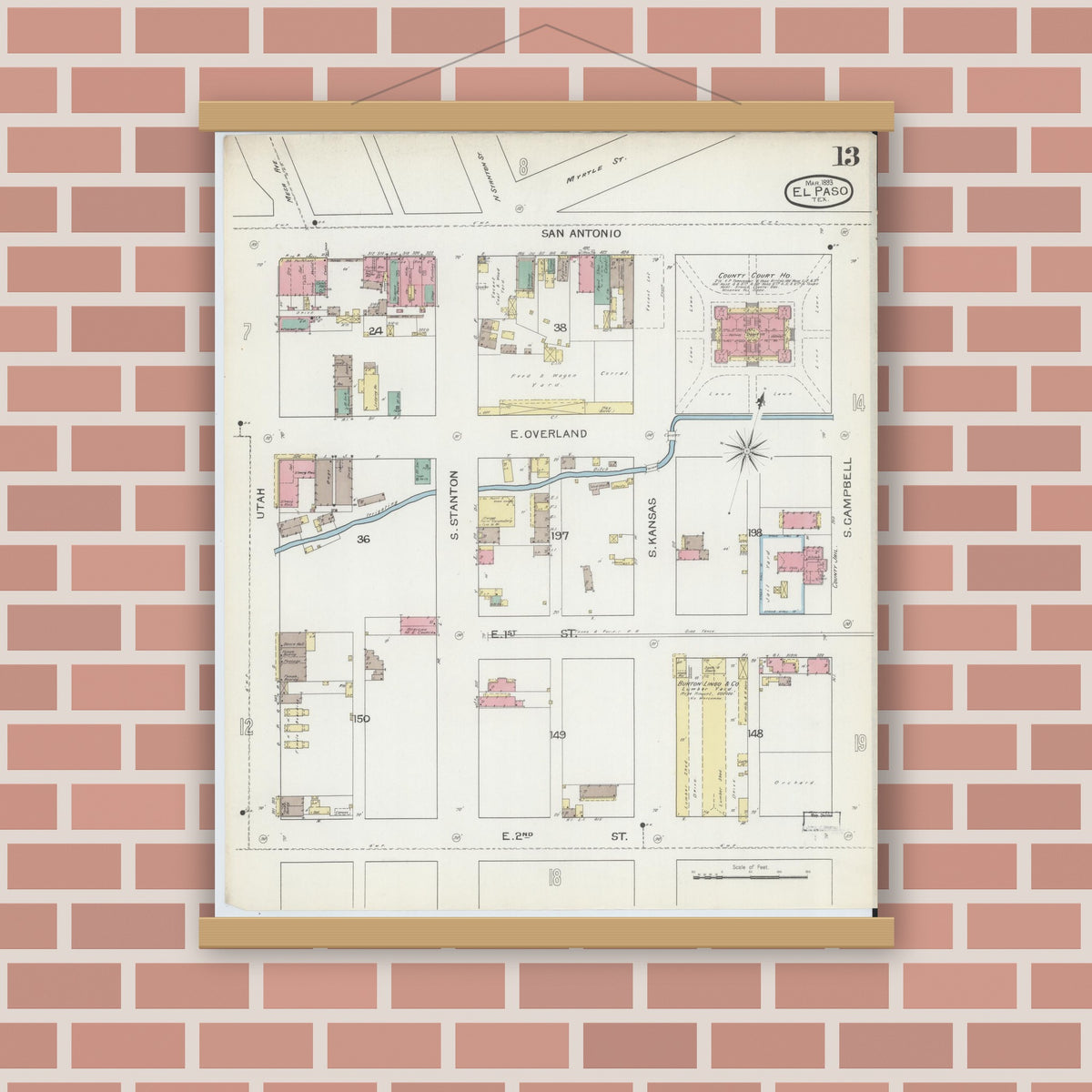 Old map wall art mockup — magnetic wood frame on brick wall — Sanborn Fire Insurance Map from El Paso, El Paso County, Texas (1893), Sheet #0013