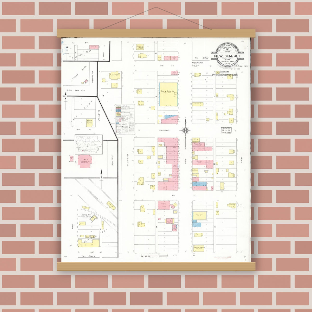 Old map wall art mockup — magnetic wood frame on brick wall — Sanborn Fire Insurance Map from New Market, Taylor County, Iowa (1933), Sheet #0001