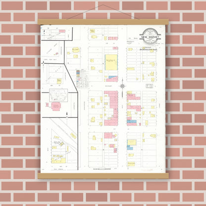 Old map wall art mockup — magnetic wood frame on brick wall — Sanborn Fire Insurance Map from New Market, Taylor County, Iowa (1933), Sheet #0001