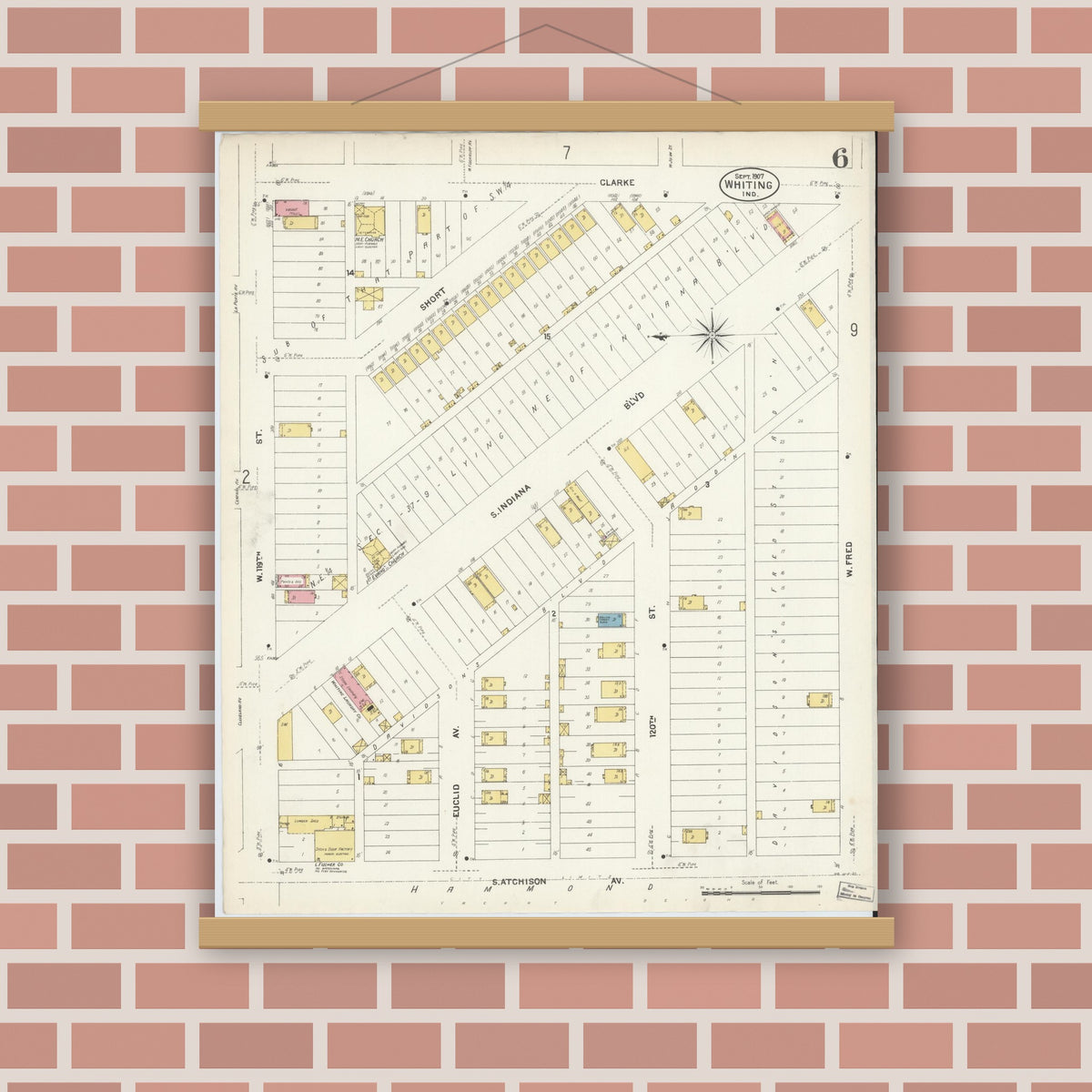 Old map wall art mockup — magnetic wood frame on brick wall — Sanborn Fire Insurance Map from Whiting, Lake County, Indiana (1907), Sheet #0006