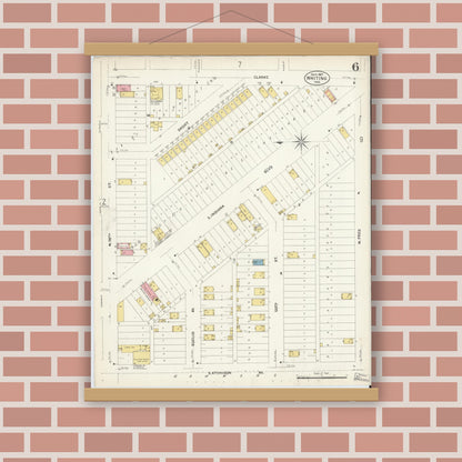 Old map wall art mockup — magnetic wood frame on brick wall — Sanborn Fire Insurance Map from Whiting, Lake County, Indiana (1907), Sheet #0006