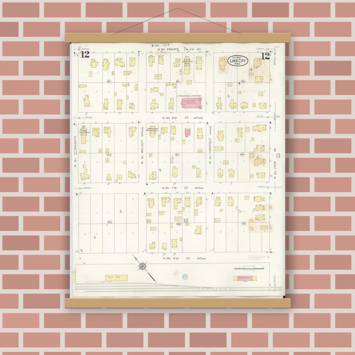 Old map wall art mockup — magnetic wood frame on brick wall — Sanborn Fire Insurance Map from Lake City, Wabasha County, Minnesota (1938), Sheet #0012