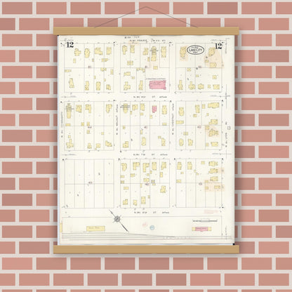 Old map wall art mockup — magnetic wood frame on brick wall — Sanborn Fire Insurance Map from Lake City, Wabasha County, Minnesota (1938), Sheet #0012