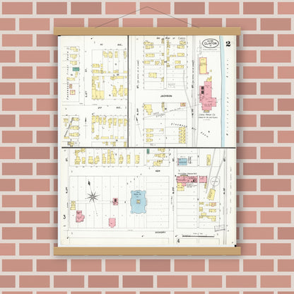 Old map wall art mockup — magnetic wood frame on brick wall — Sanborn Fire Insurance Map from Clinton, Clinton County, Iowa (1902), Sheet #0002