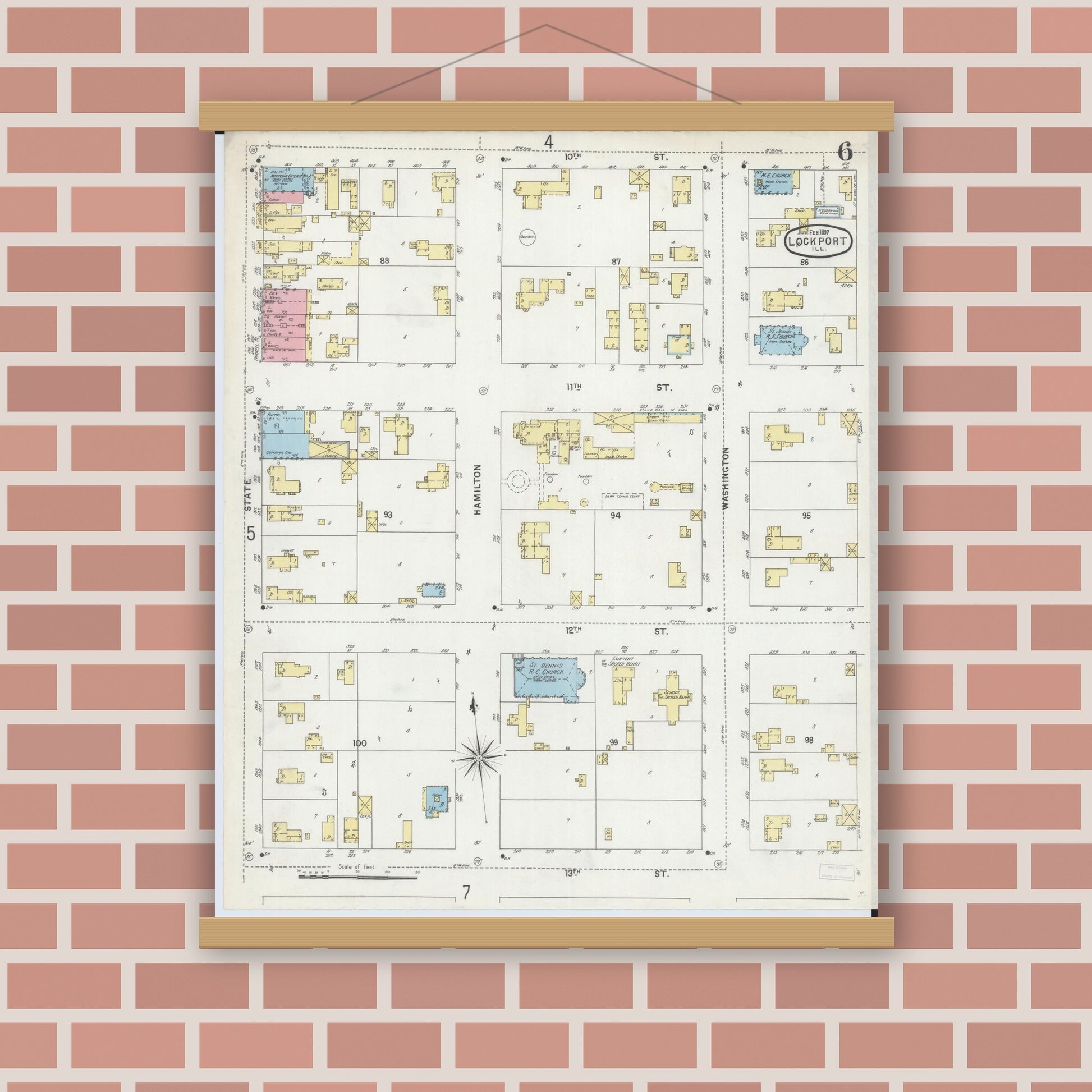 Old map wall art mockup — magnetic wood frame on brick wall — Sanborn Fire Insurance Map from Lockport, Will County, Illinois (1897), Sheet #0006