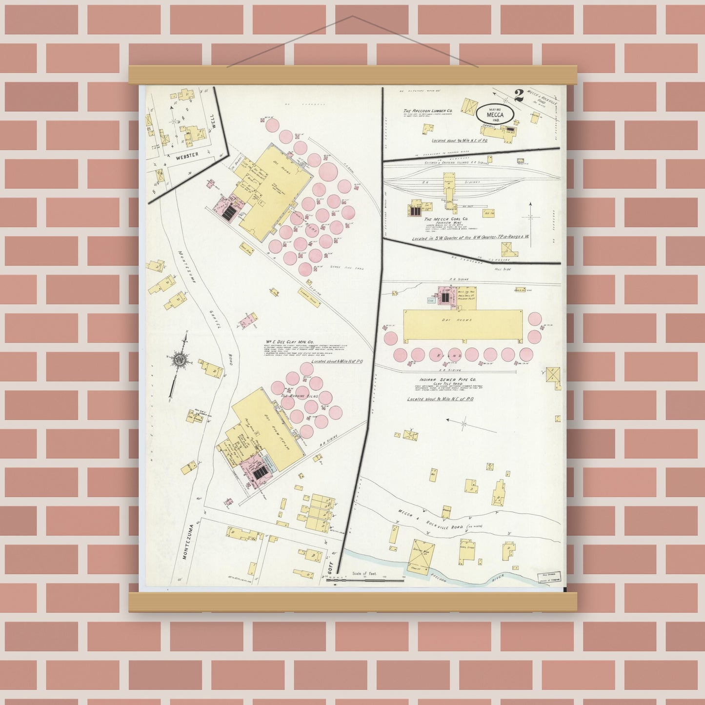 Old map wall art mockup — magnetic wood frame on brick wall — Sanborn Fire Insurance Map from Mecca, Parke County, Indiana (1910), Sheet #0002