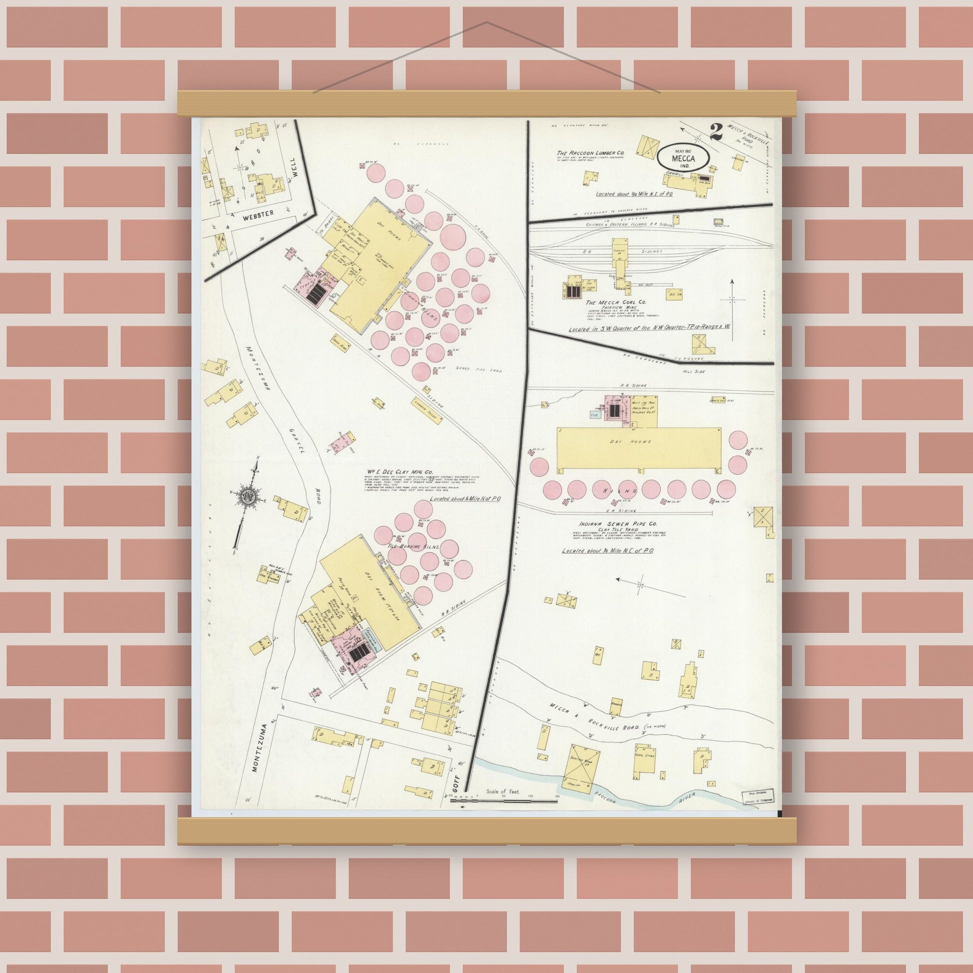 Old map wall art mockup — magnetic wood frame on brick wall — Sanborn Fire Insurance Map from Mecca, Parke County, Indiana (1910), Sheet #0002