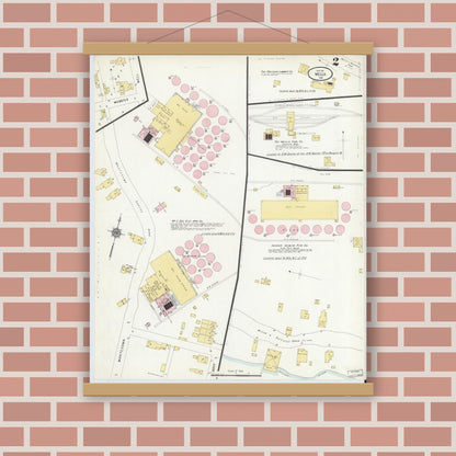 Old map wall art mockup — magnetic wood frame on brick wall — Sanborn Fire Insurance Map from Mecca, Parke County, Indiana (1910), Sheet #0002