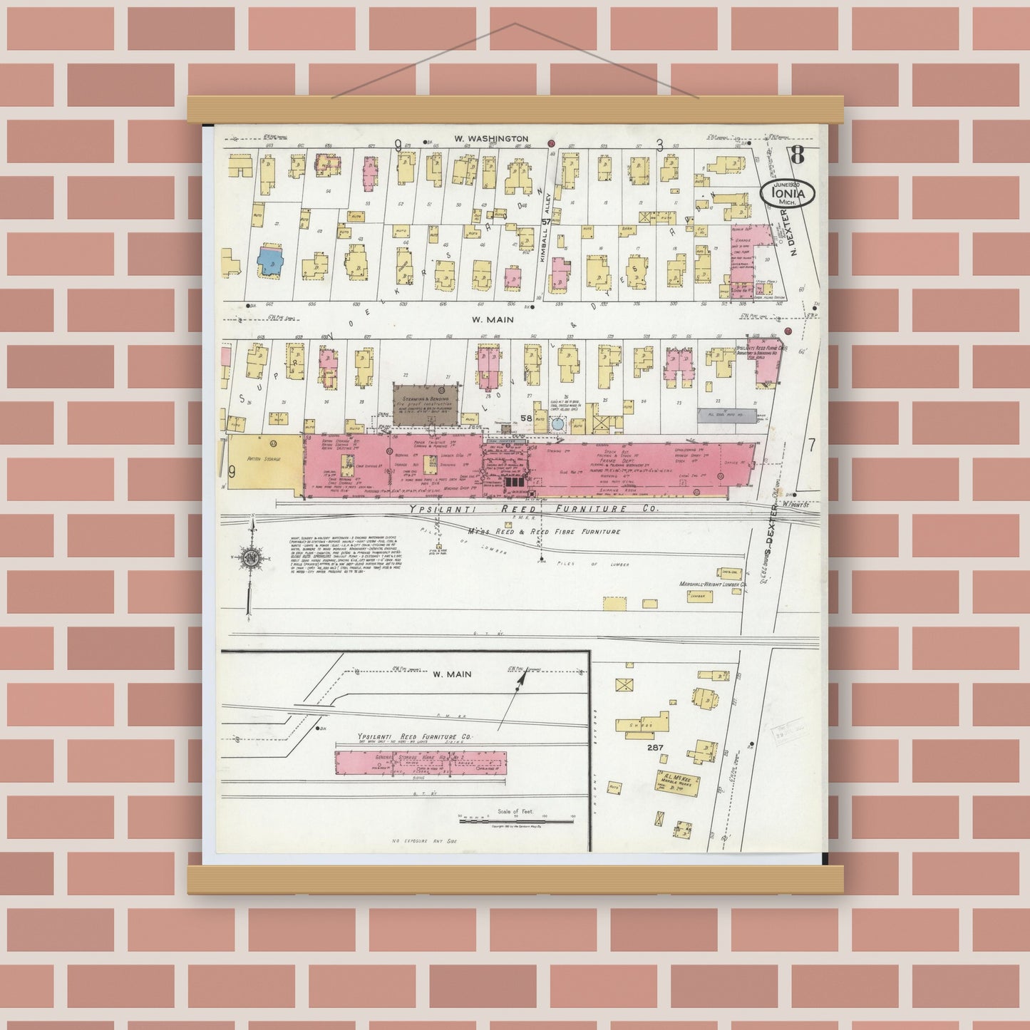 Old map wall art mockup — magnetic wood frame on brick wall — Sanborn Fire Insurance Map from Ionia, Ionia County, Michigan (1920), Sheet #0008