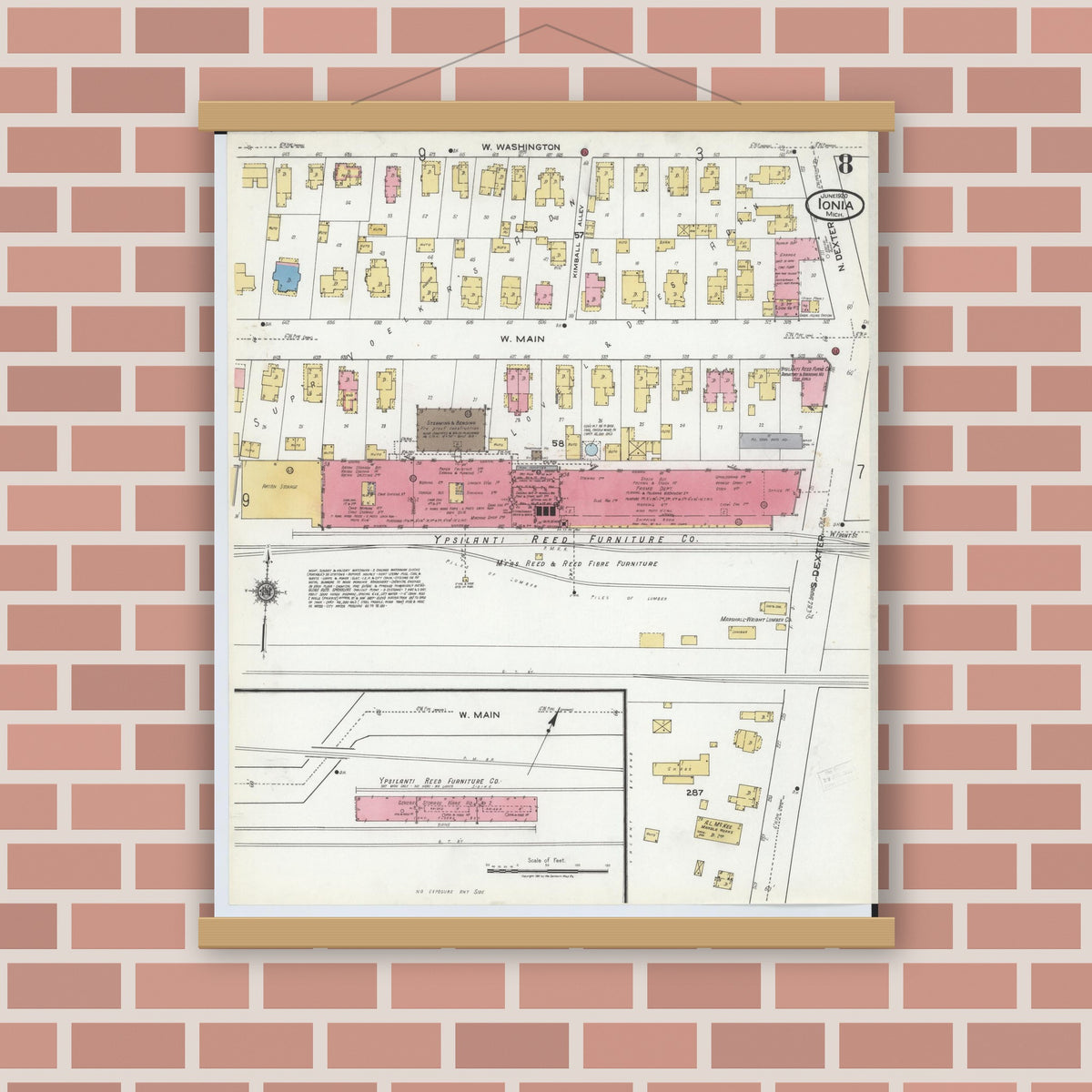 Old map wall art mockup — magnetic wood frame on brick wall — Sanborn Fire Insurance Map from Ionia, Ionia County, Michigan (1920), Sheet #0008