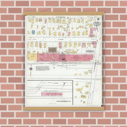 Old map wall art mockup — magnetic wood frame on brick wall — Sanborn Fire Insurance Map from Ionia, Ionia County, Michigan (1920), Sheet #0008