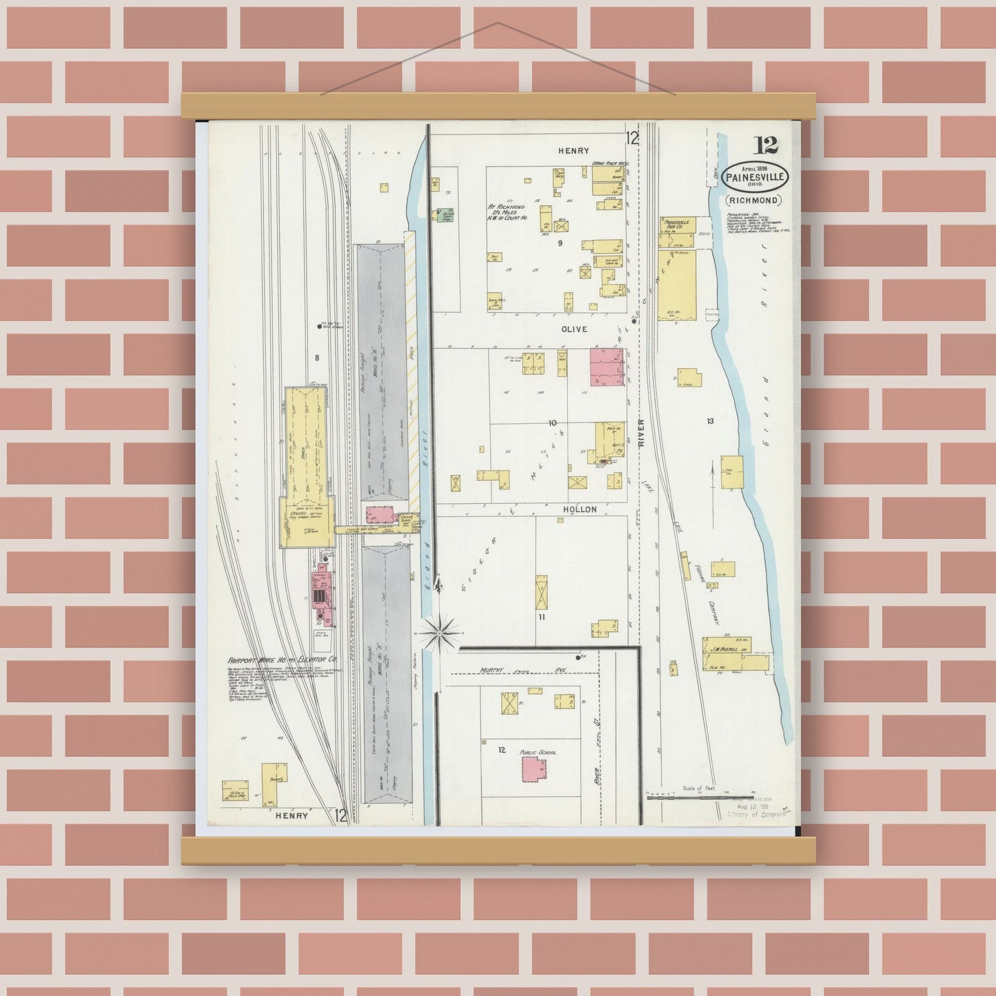 Old map wall art mockup — magnetic wood frame on brick wall — Sanborn Fire Insurance Map from Painesville, Lake County, Ohio (1898), Sheet #0012