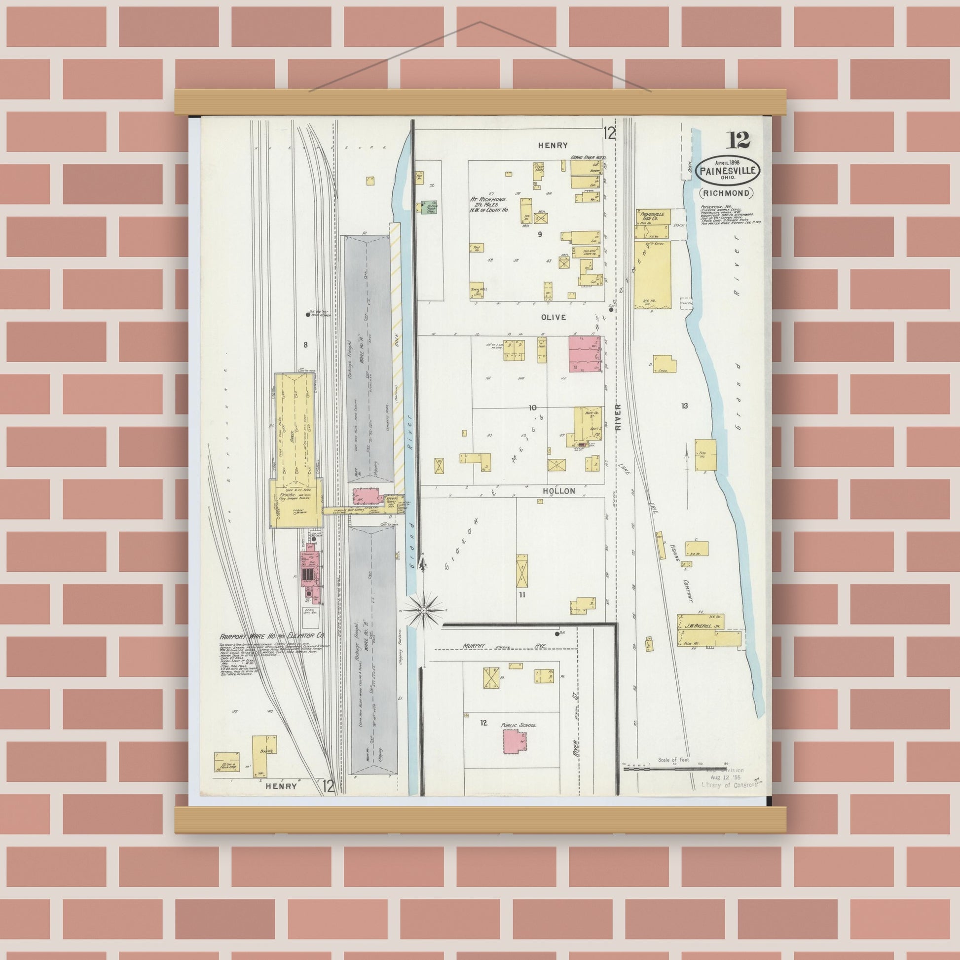 Old map wall art mockup — magnetic wood frame on brick wall — Sanborn Fire Insurance Map from Painesville, Lake County, Ohio (1898), Sheet #0012