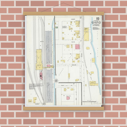 Old map wall art mockup — magnetic wood frame on brick wall — Sanborn Fire Insurance Map from Painesville, Lake County, Ohio (1898), Sheet #0012