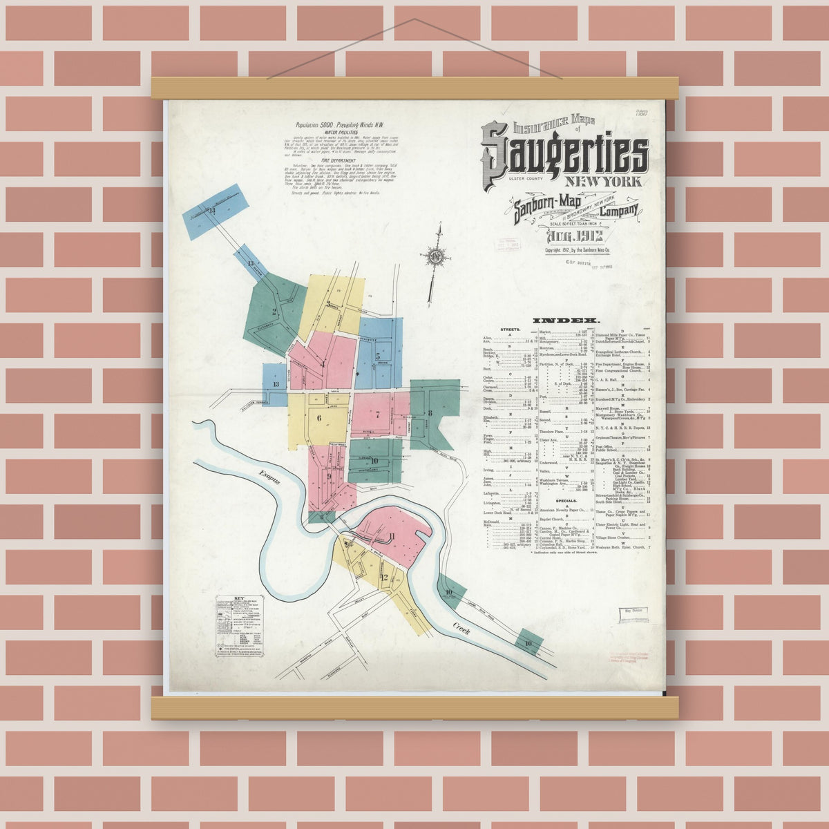 Old map wall art mockup — magnetic wood frame on brick wall — Sanborn Fire Insurance Map from Saugerties, Ulster County, New York (1912) - Complete Map Set