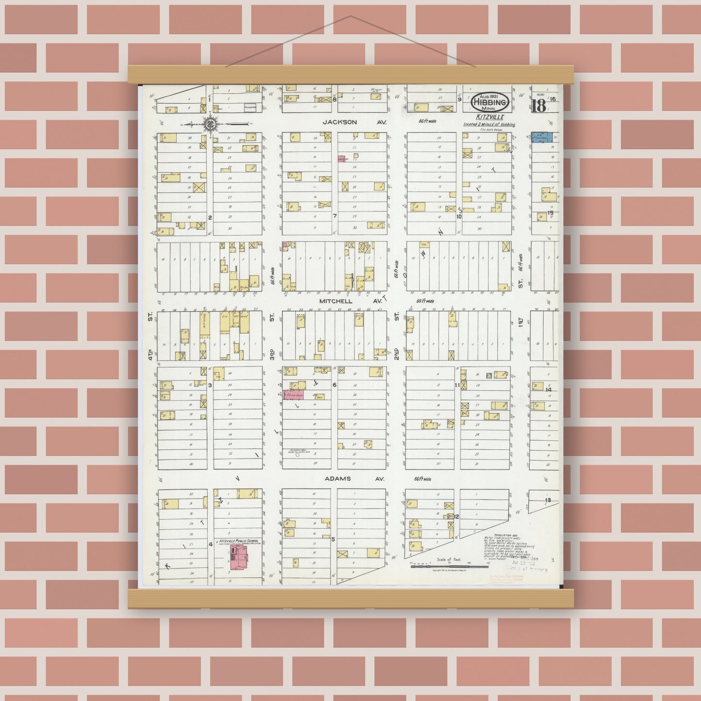 Old map wall art mockup — magnetic wood frame on brick wall — Sanborn Fire Insurance Map from Hibbing, Saint Louis County, Minnesota (1921), Sheet #0018