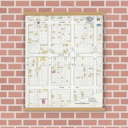 Old map wall art mockup — magnetic wood frame on brick wall — Sanborn Fire Insurance Map from Hibbing, Saint Louis County, Minnesota (1921), Sheet #0018