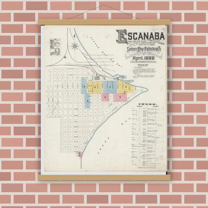 Old map wall art mockup — magnetic wood frame on brick wall — Sanborn Fire Insurance Map from Escanaba, Delta County, Michigan (1888), Sheet #0001