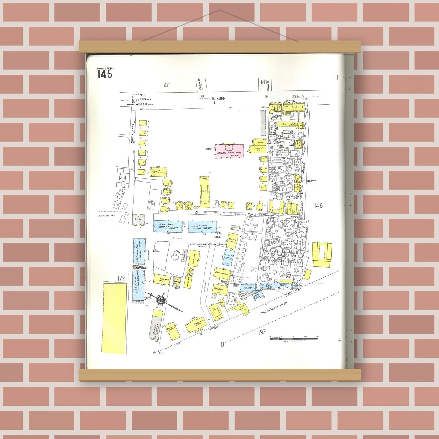 Old map wall art mockup — magnetic wood frame on brick wall — Sanborn Fire Insurance Map from Honolulu, Oahu County, Hawaii (1955), Sheet #0145