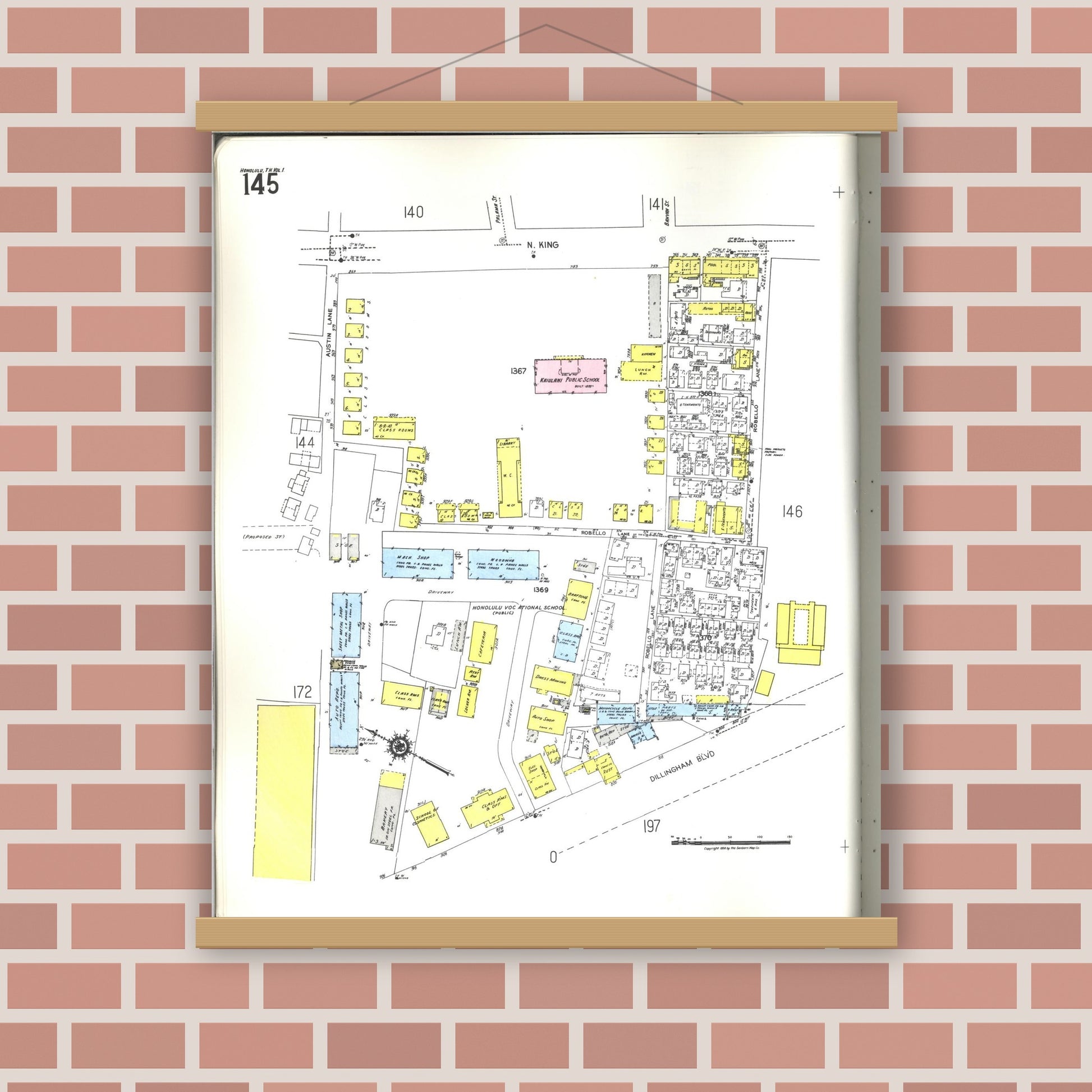 Old map wall art mockup — magnetic wood frame on brick wall — Sanborn Fire Insurance Map from Honolulu, Oahu County, Hawaii (1955), Sheet #0145