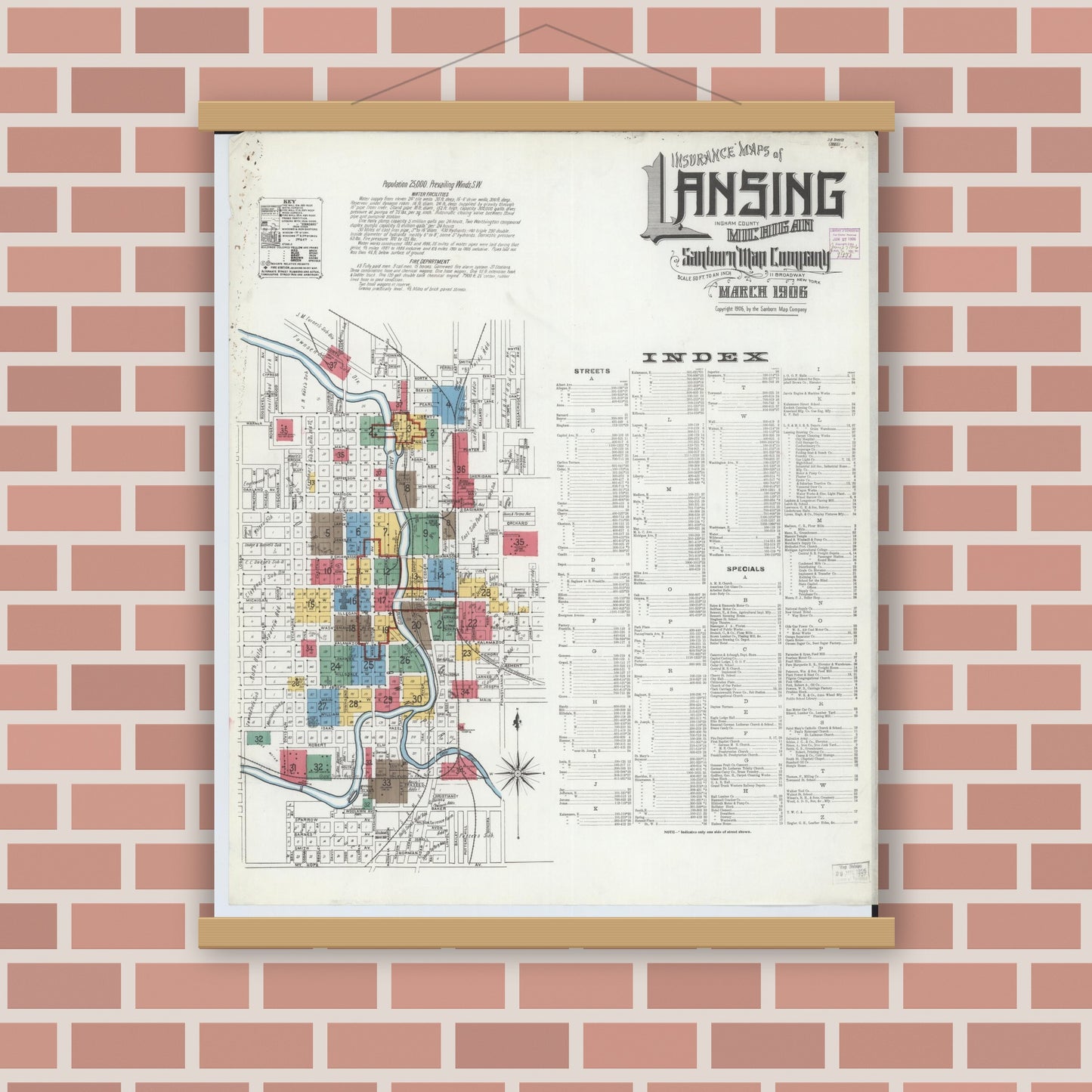 Old map wall art mockup — magnetic wood frame on brick wall — Sanborn Fire Insurance Map from Lansing, Ingham County, Michigan (1906), Sheet #0001