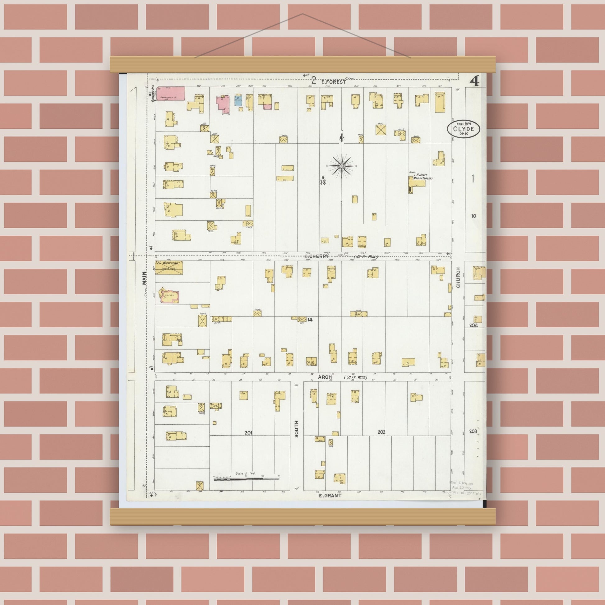 Old map wall art mockup — magnetic wood frame on brick wall — Sanborn Fire Insurance Map from Clyde, Sandusky County, Ohio (1899), Sheet #0004