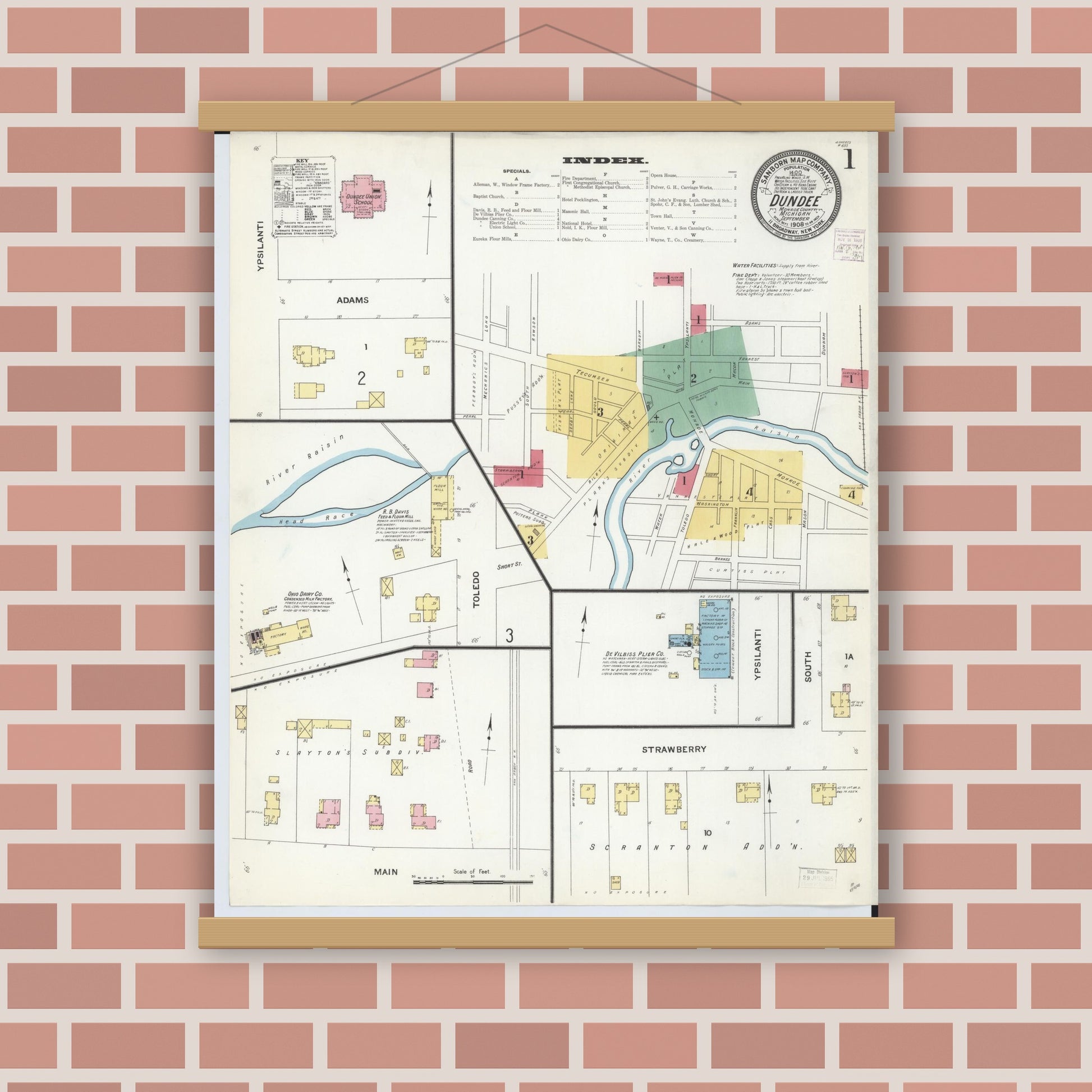 Old map wall art mockup — magnetic wood frame on brick wall — Sanborn Fire Insurance Map from Dundee, Monroe County, Michigan (1908), Sheet #0001
