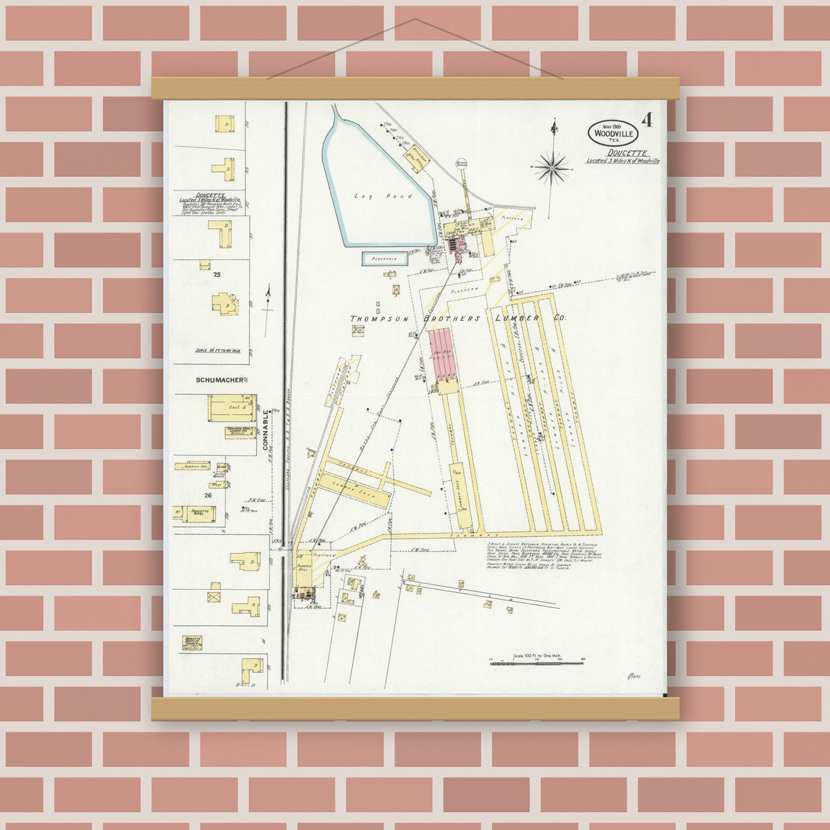 Old map wall art mockup — magnetic wood frame on brick wall — Sanborn Fire Insurance Map from Wolfe City, Hunt County, Texas (1909), Sheet #0004