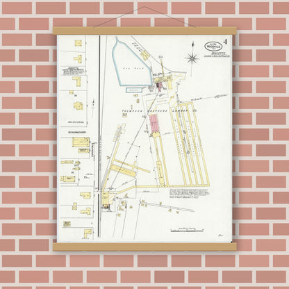 Old map wall art mockup — magnetic wood frame on brick wall — Sanborn Fire Insurance Map from Wolfe City, Hunt County, Texas (1909), Sheet #0004