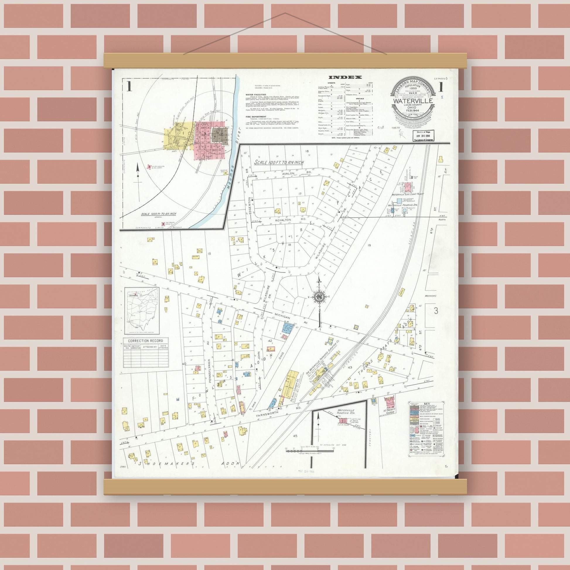 Old map wall art mockup — magnetic wood frame on brick wall — Sanborn Fire Insurance Map from Waterville, Lucas County, Ohio (1944), Sheet #0001