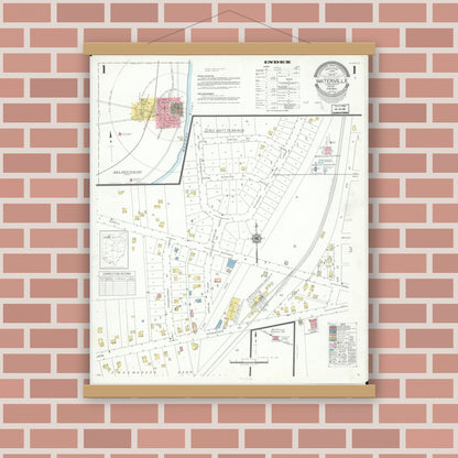 Old map wall art mockup — magnetic wood frame on brick wall — Sanborn Fire Insurance Map from Waterville, Lucas County, Ohio (1944), Sheet #0001