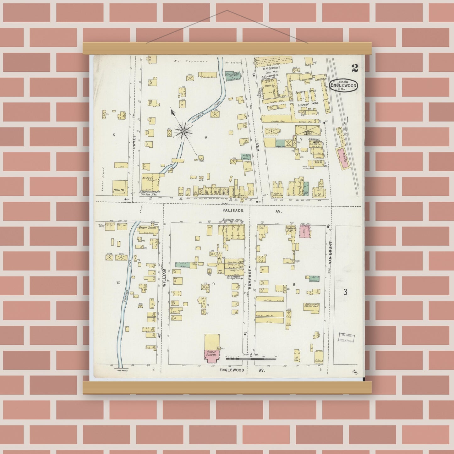 Old map wall art mockup — magnetic wood frame on brick wall — Sanborn Fire Insurance Map from Englewood, Bergen County, New Jersey (1896), Sheet #0002